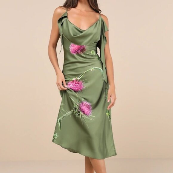 Tyler Mcgillivary Dresses & Skirts - NWOT TYLER MCGILLIVARY Thistle Green Multi Satin Cowl Neck Midi Dress S